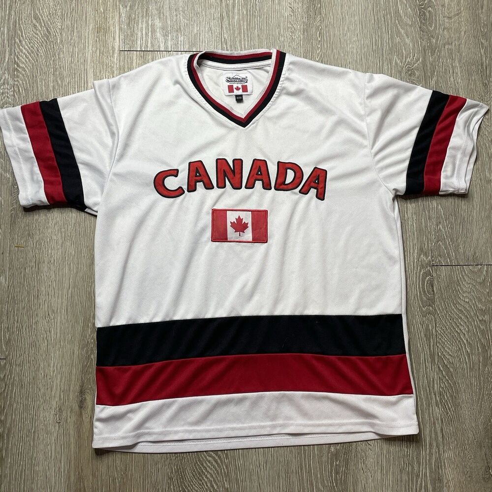 CANADA Hockey Jersey Adult Medium White Red Snowcap V-Neck 100% Polyester